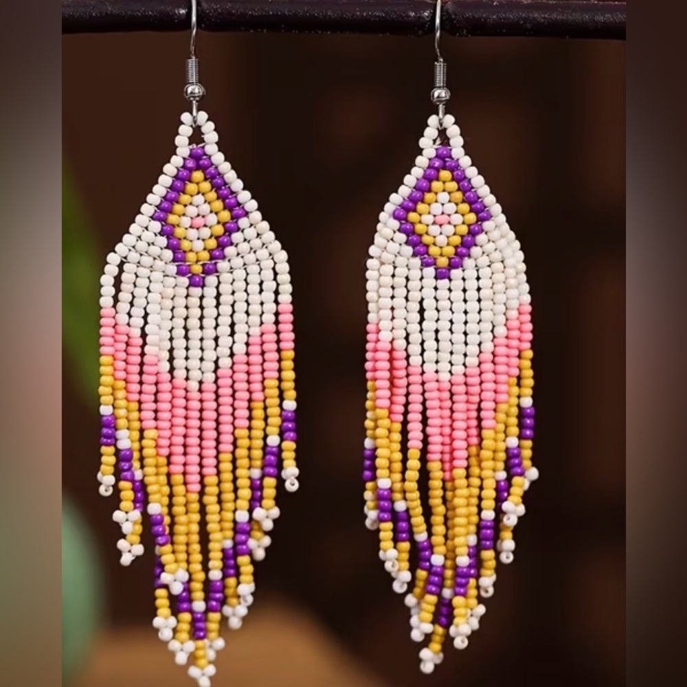 3.54โ Beaded Fringe Earrings - Pink, Purple & Yellow